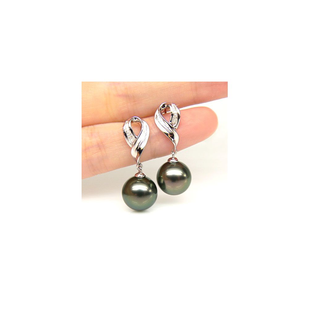 Boucles oreilles perles noires - Perle de Tahiti - Or blanc - Diamants sertis rails - 2
