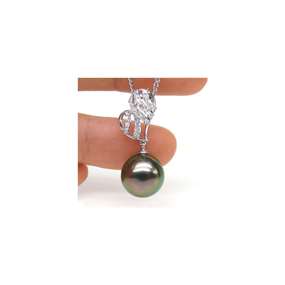 Pendentif stylisé - Coeur - Perle de Tahiti - Or blanc, diamants - 2