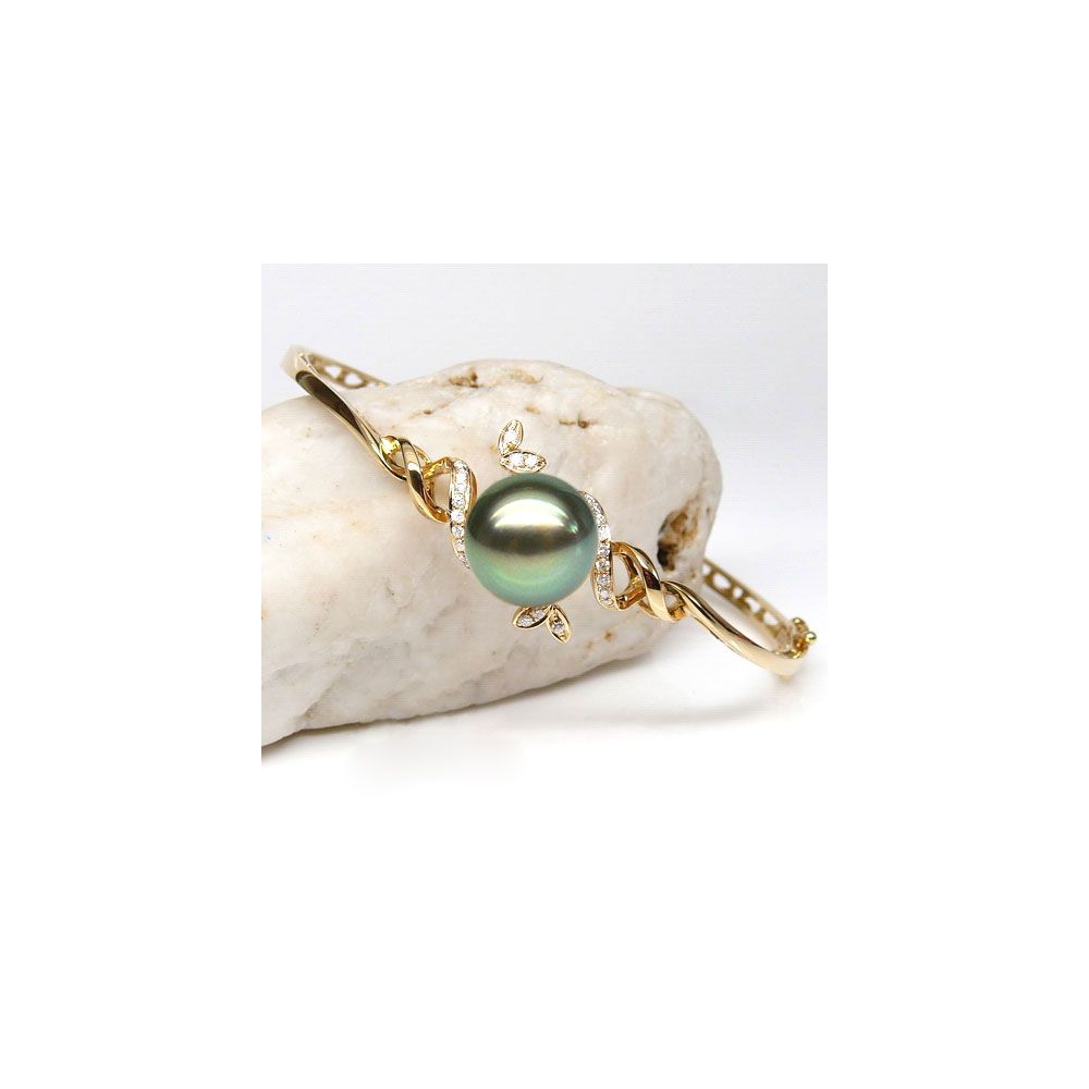 Bracelet jonc - Perle de Tahiti noire - Or jaune, diamants - 3