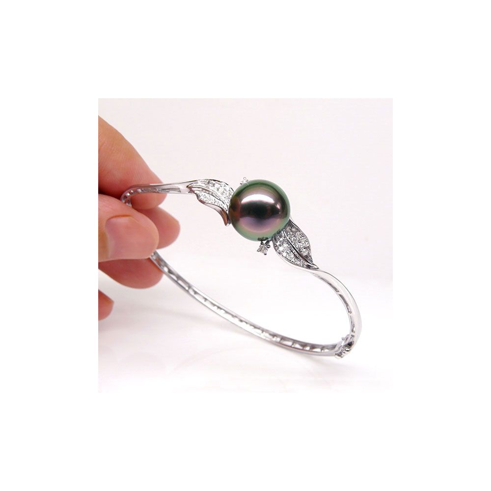 Bracelet jonc - Perle de Tahiti - Pavage feuilles - Or blanc, diamants - 2