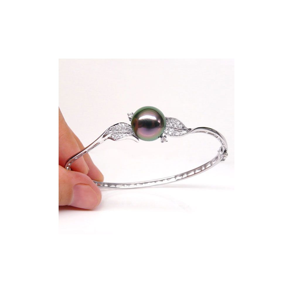 Bracelet jonc - Perle de Tahiti - Pavage feuilles - Or blanc, diamants - 3