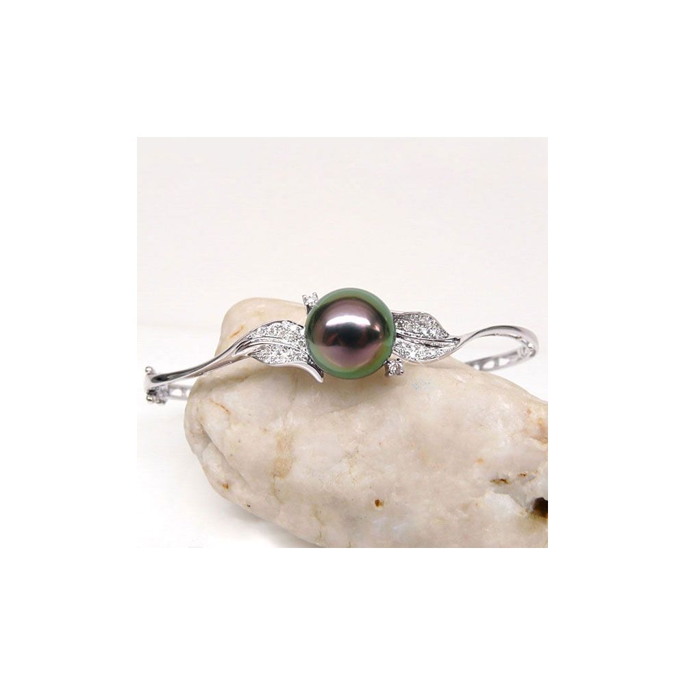 Bracelet jonc - Perle de Tahiti - Pavage feuilles - Or blanc, diamants - 4