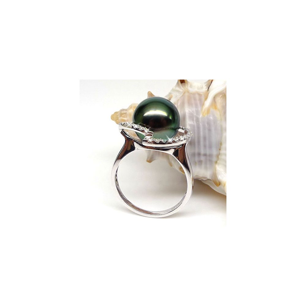 Bague diadème diamanté - Perle de Tahiti verte - Or blanc, diamants - 4