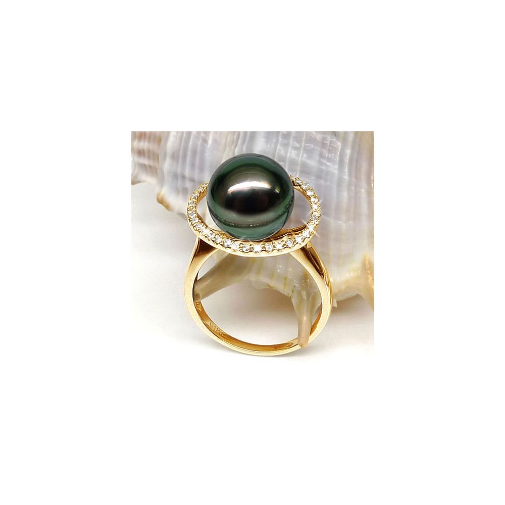 Bague diadème diamanté - Perle de Tahiti verte - Or jaune, diamants - 3