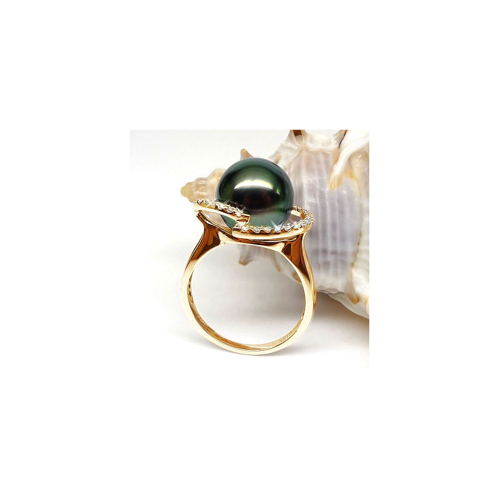Bague diadème diamanté - Perle de Tahiti verte - Or jaune, diamants - 4
