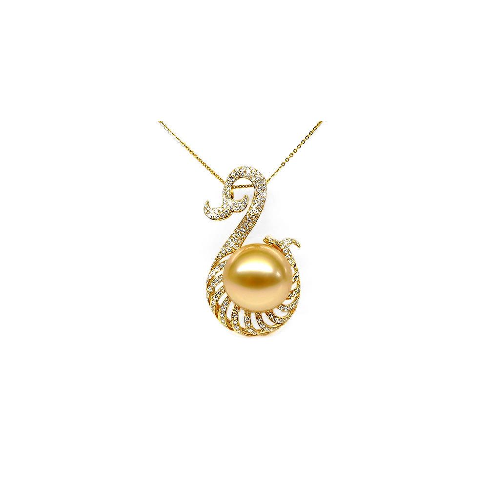 Pendentif faune aquatique - Perle d'Australie dorée - Or, diamants - 1