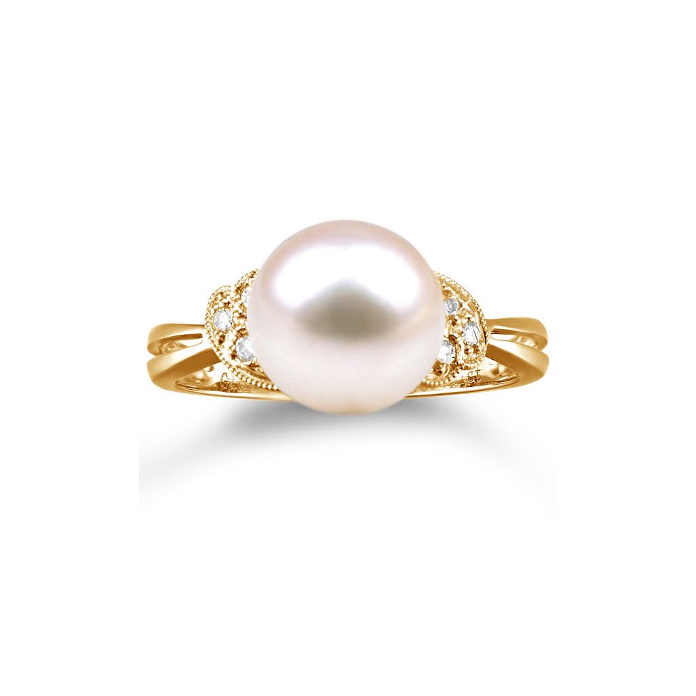 Bague perle Chine - Perle d'eau douce blanche - Diamants, or jaune - 2