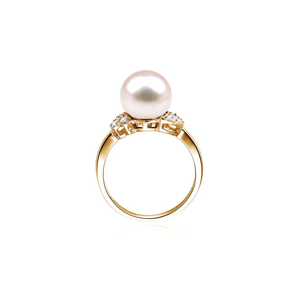 Bague perle Chine - Perle d'eau douce blanche - Diamants, or jaune - 3