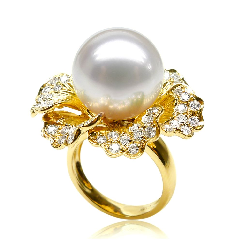 Bague perle d'Australie - Fleur or jaune pétales ajourées - Diamants - 1
