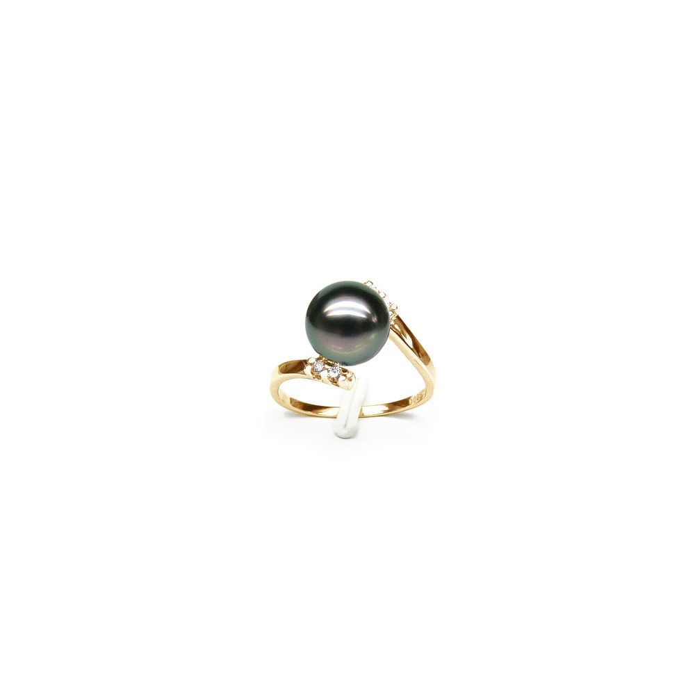 Bague solitaire ondulée - Perle de Tahiti - Or jaune, diamants - 1