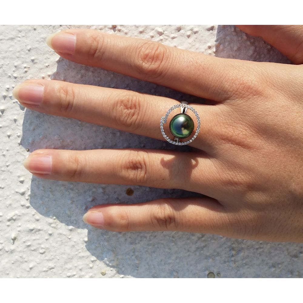 Bague diadème diamanté - Perle de Tahiti verte - Or blanc, diamants - 2
