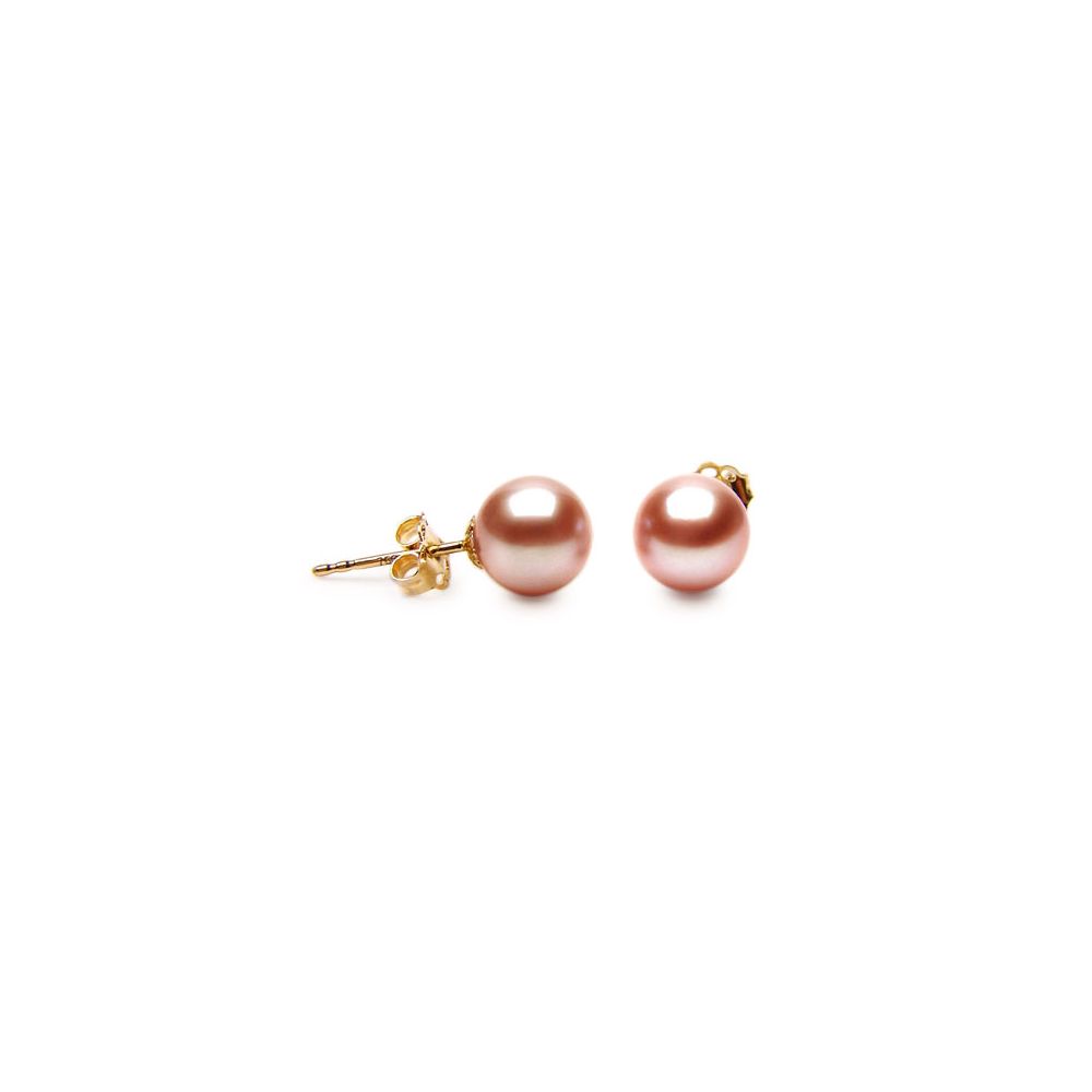 Boucles oreilles perles or jaune - Clou perles roses - 8/9mm - 1