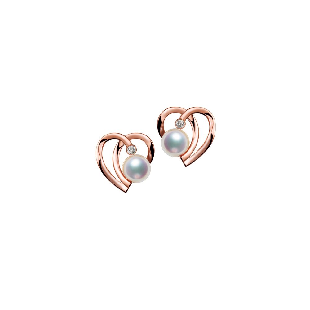 Boucles Coeur contemporain Or rose. Perles Akoya, Diamants.  - 1