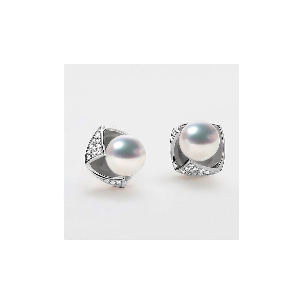 Boucles Oreilles Fukiyose Or blank Perles Akoya Diamants - 4