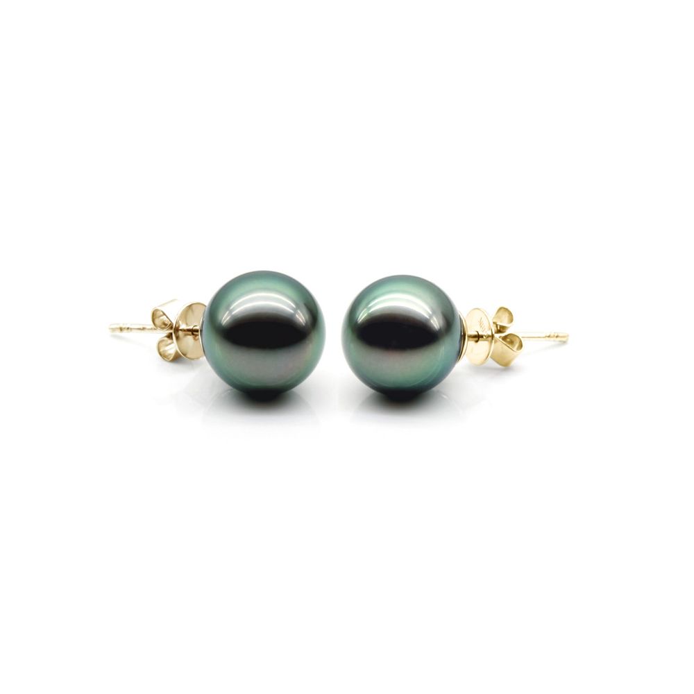 Boucles oreilles clous, or jaune - Perles de Tahiti noires, orient vert - 9/10mm - GEMME - 4