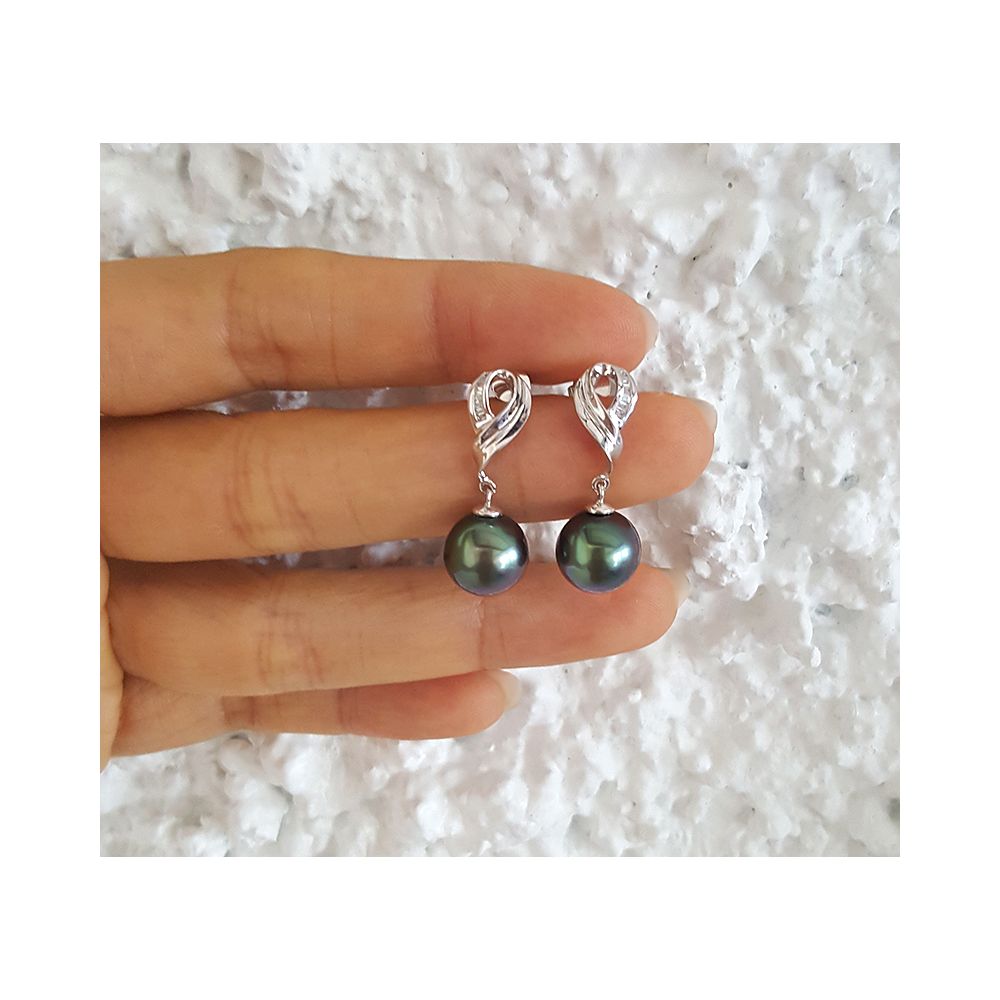 Boucles oreilles perles noires - Perle de Tahiti - Or blanc - Diamants sertis rails - 5