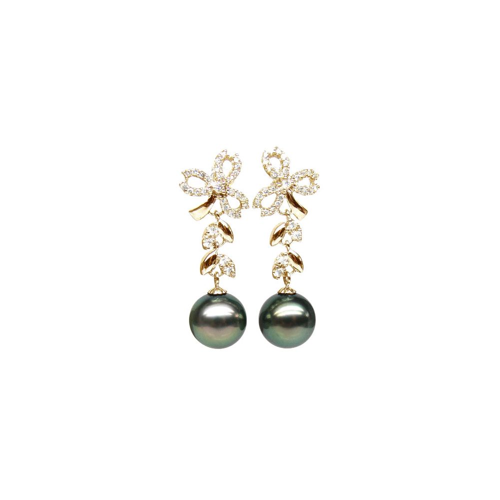 Boucles oreilles or jaune - Perles de Tahiti - Diamants - Composition florale - 1