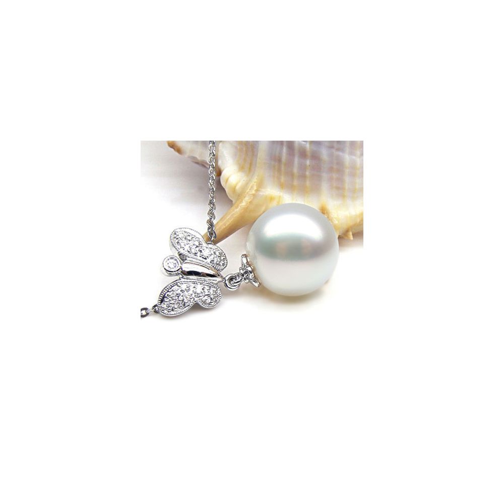 Pendentif papillon or blanc - Perle d'Australie blanche - Diamants - 2