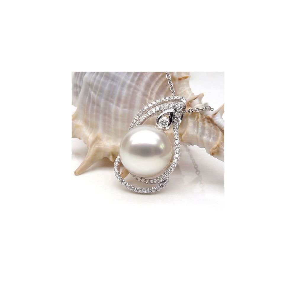 Pendentif goutte d'or blanc et diamants - Perle d'Australie blanche - 3