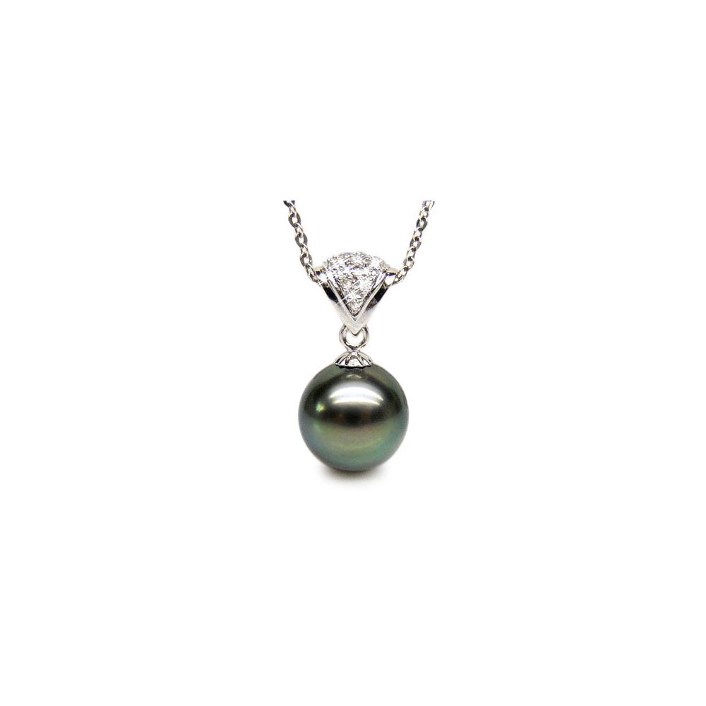 Pendentif classique - Perle de Tahiti grise foncée - Or blanc, diamant - 1