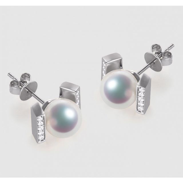 Boucles oreilles modernes forme rail. Or blanc, Diamants et Perles Akoya