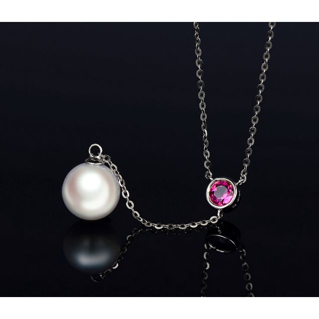 Collier pendentif perle Akoya. Chaîne Or blanc, Saphir rose