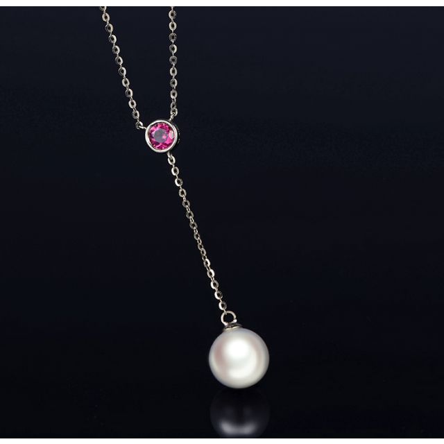 Collier pendentif perle Akoya. Chaîne Or blanc, Saphir rose