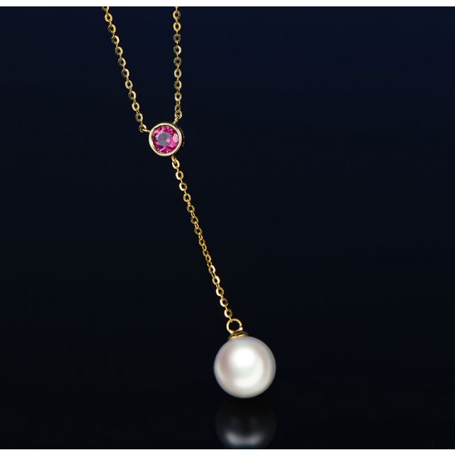 Collier pendentif perle Akoya. Chaîne Or jaune, Saphir rose