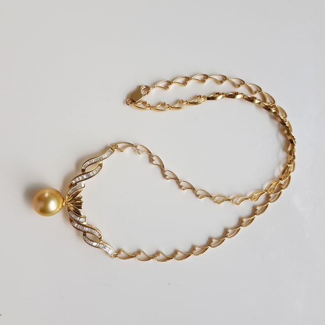 Collier maille coeur - Or jaune, diamants - Perle Australie dorée