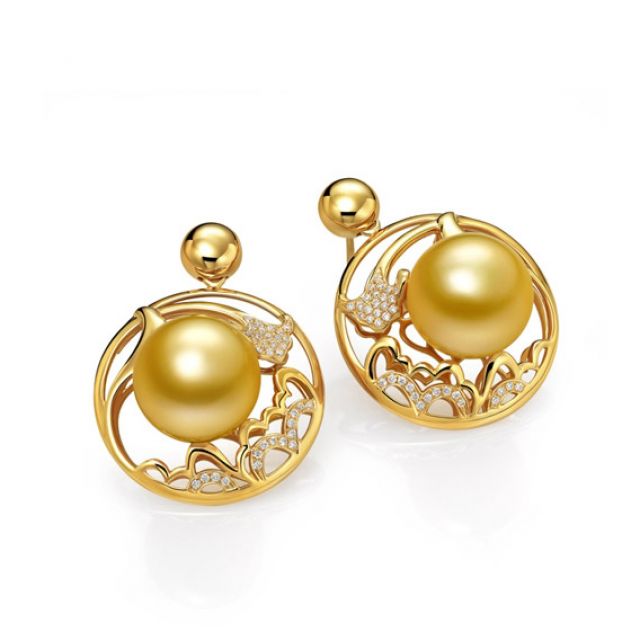 Boucles d'oreilles fleurs de pivoine - Perles d'Australie dorées