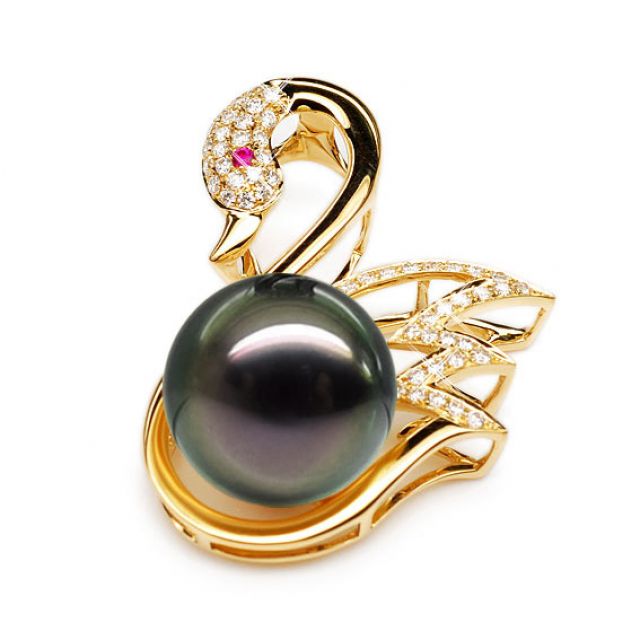 Pendentif cygne - Perle de Tahiti - Or jaune, diamants, saphir rose