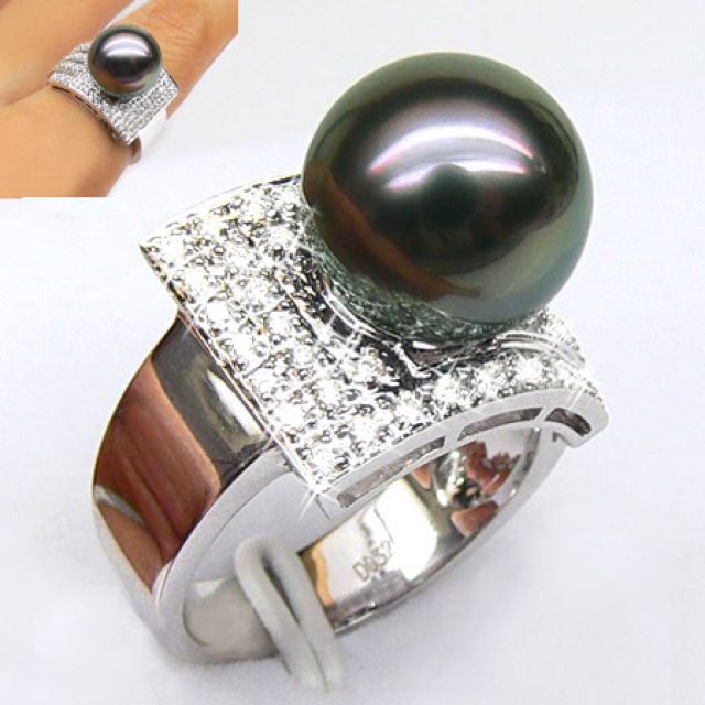 Bague style opulent - Perle Tahiti noire, bronze - Or blanc, diamants
