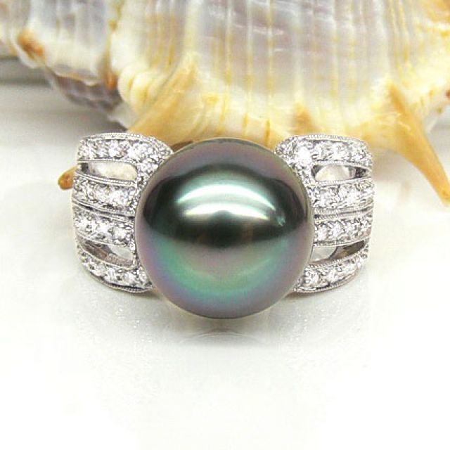 Bague de joaillerie - Luxe - Perle de Tahiti - Or blanc, diamants