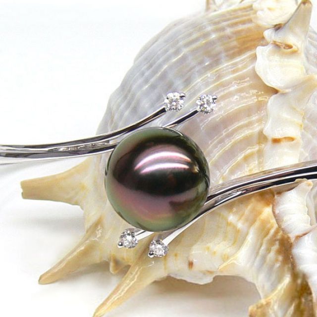 Bracelet jonc original - Perle de Tahiti noire - Or blanc, diamants