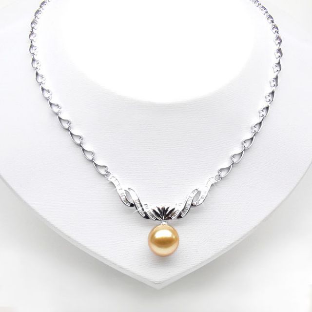 Collier or blanc maille coeur et diamants - Perle australie dorée