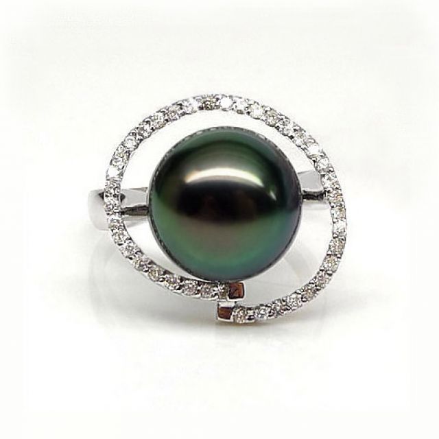 Bague diadème diamanté - Perle de Tahiti verte - Or blanc, diamants