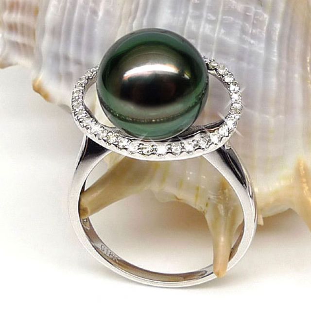 Bague diadème diamanté - Perle de Tahiti verte - Or blanc, diamants