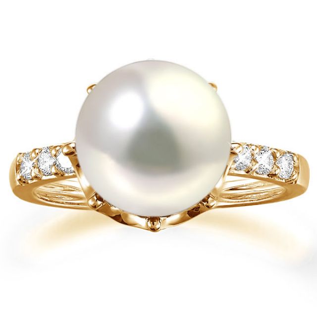 Bague couronne perlée - Perle de culture blanche - Diamants, or jaune