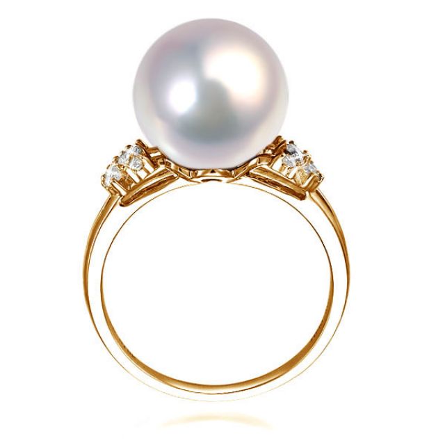 Bague anneau doublé or jaune - Perle blanche Chine et diamants sertis