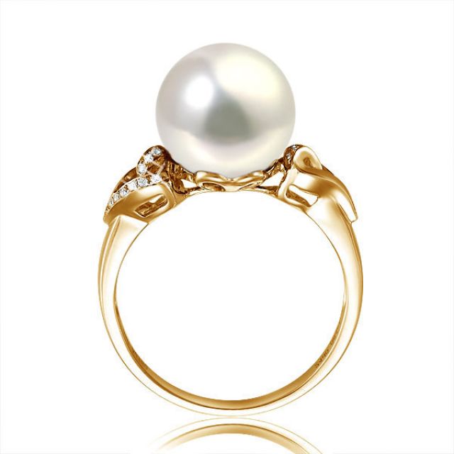Bague coeur de perle diamanté - Or jaune et Perle d'eau douce blanche