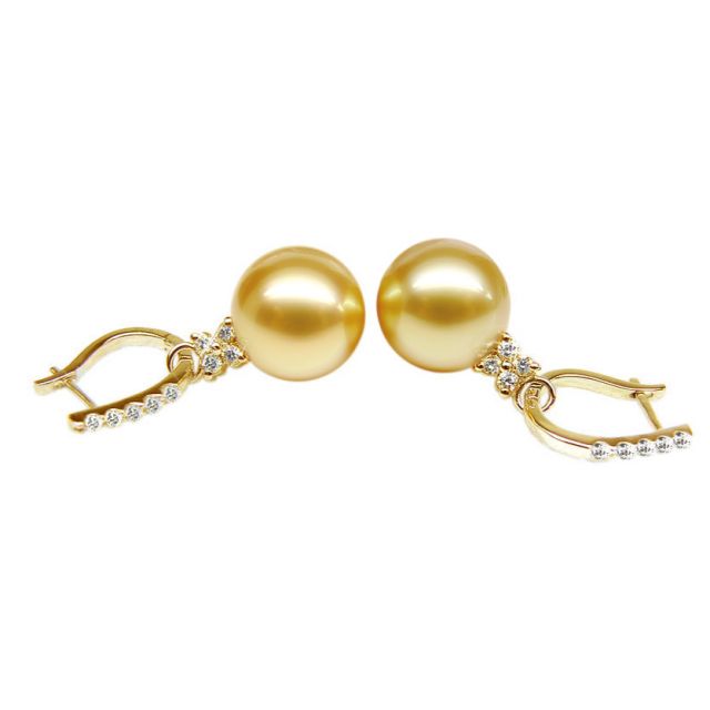 Boucles d'oreilles dormeuses diamantées - Perles d'Australie, or jaune