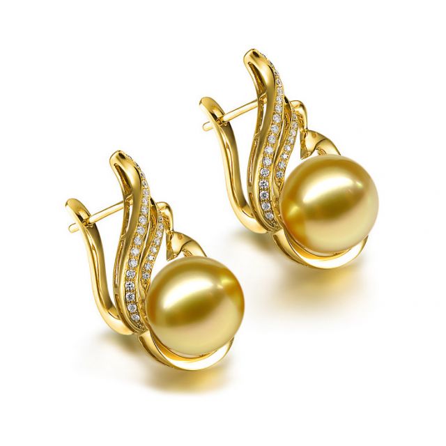 Boucles oreilles paons merveilleux - Perles dorées, diamants, or jaune