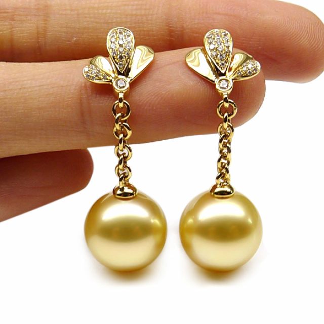 Boucles oreilles perles Australie or jaune, diamants - Jardin d'Eden