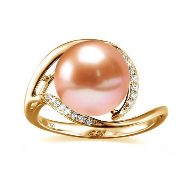 Bague femme perle - Or jaune, diamants - Perle de culture rose