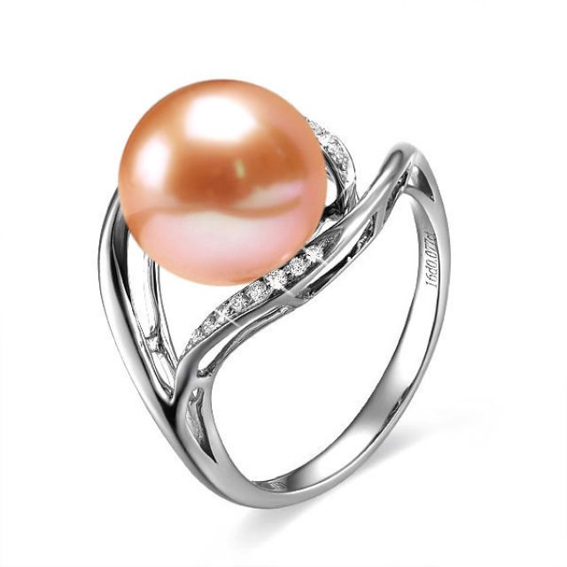 Bague femme perle - Or blanc, diamants - Perle de culture rose