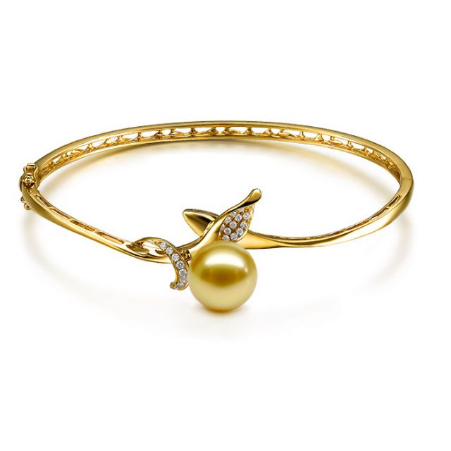 Bracelet végétal jonc or jaune - Perle d'Australie dorée - Diamants