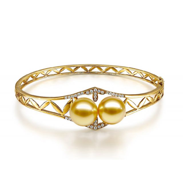 Bracelet joaillerie jonc - 2 Perles d'Australie dorées - Or, diamants
