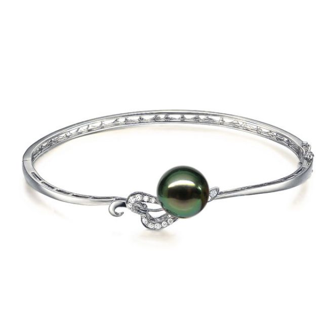 Bracelet jonc - Coeur stylisé - Perle de Tahiti - Or blanc, diamants