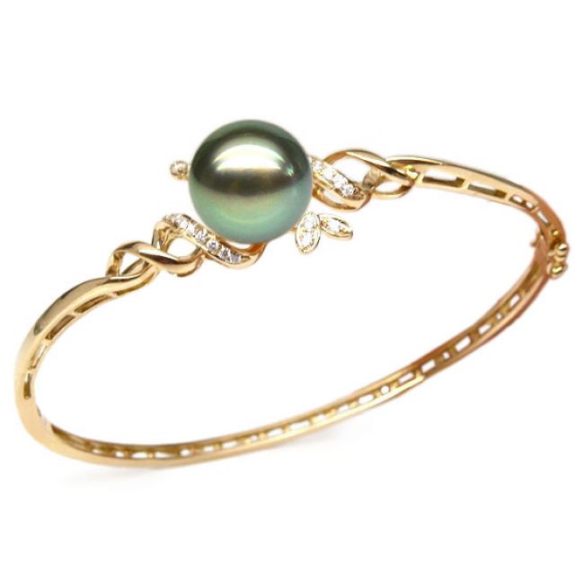 Bracelet jonc - Perle de Tahiti noire - Or jaune, diamants