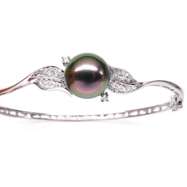 Bracelet jonc - Perle de Tahiti - Pavage feuilles - Or blanc, diamants